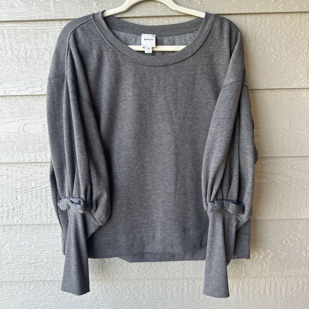 Anthropologie Maeve Coquette Bow Puff Sleeve Gray Minimalist Balletcore Sweater